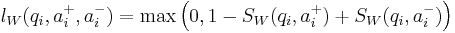 l_W(q_i, a_i^+, a_i^-) = \max\left(0, 1 - S_W(q_i, a_i^+) + S_W(q_i, a_i^-)\right)