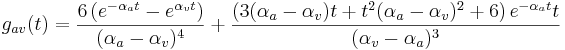 
 g_{av}(t)=\frac{6\left(e^{-\alpha_at}-e^{\alpha_vt}\right)}{(\alpha_a-\alpha_v)^4}+\frac{\left(3(\alpha_a-\alpha_v)t+t^2(\alpha_a-\alpha_v)^2+6 \right)e^{-\alpha_at}t}{(\alpha_v-\alpha_a)^3}
